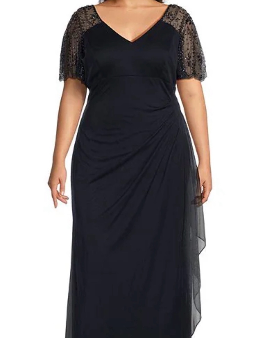 Elegant Navy Blue Lace Accent Evening Dress